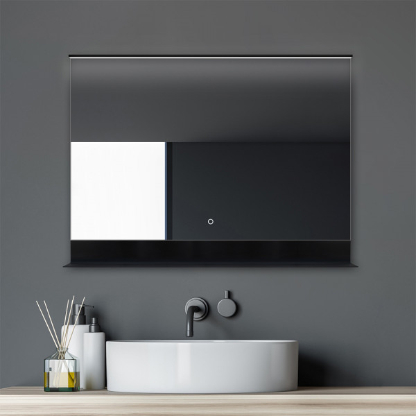 Talos Badezimmerspiegel mit Beleuchtung Black Home 80x60 cm Spiegel matt schwarz - mit Ablage+LED